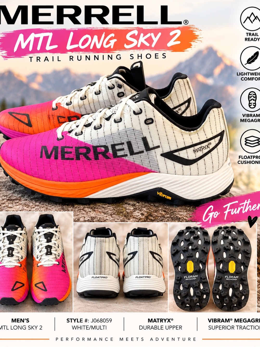 Merrell MTL Long Sky 2 White Pink Orange Trail Running Shoes 11 M